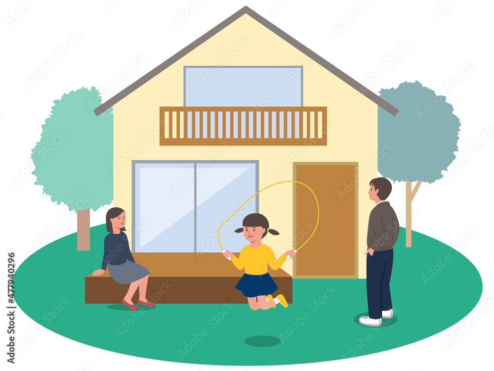 マイホームを見上げる父親とデッキに座る母親 庭で縄跳びをする女の子のベクターイラスト Stock Vector Adobe Stock