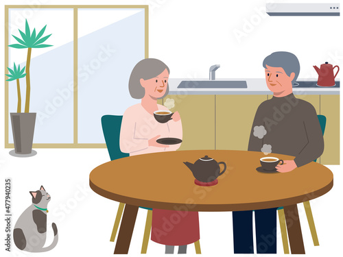 家のキッチンのテーブルで仲良くお茶を飲む老夫婦のベクターイラスト