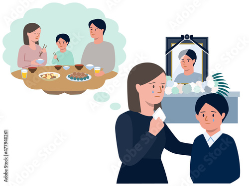 父親が亡くなって家族団らんの時を思い出し涙を流す母親と子供のベクターイラスト