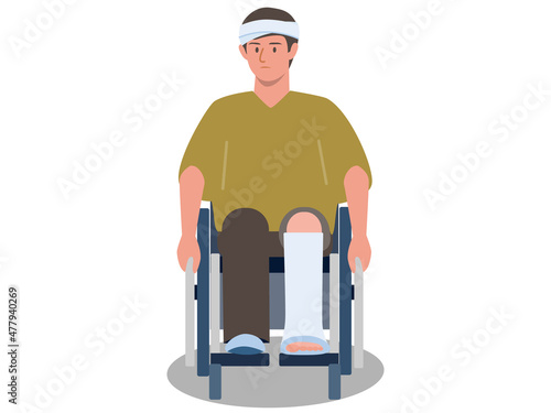 怪我をして車椅子に乗る若い男性のベクターイラスト