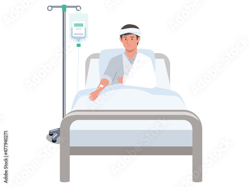 ケガをして入院して点滴を受ける若い男性のベクターイラスト