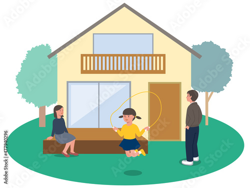 マイホームを見上げる父親とデッキに座る母親、庭で縄跳びをする女の子のベクターイラスト