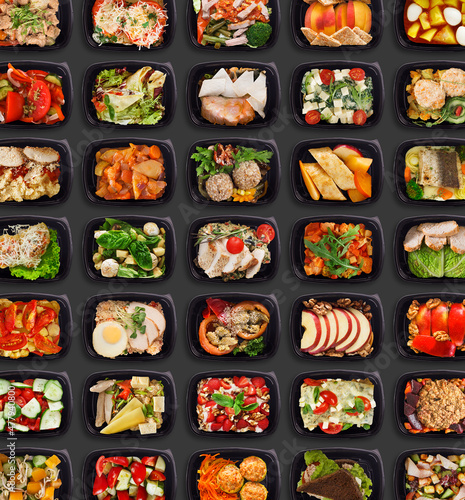 Healthy Nutrition Delivery. Tasty Everyday Meals In Lunch Boxes Over Black Background