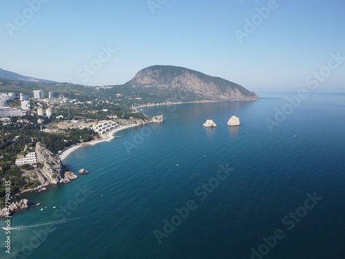 GURZUF  CRIMEA - Aerial Panoramic view on Gurzuf bay with Bear mountain Ayu-Dag and rocks Adalary  Artek - oldest children vacation camp. Yalta region  the South coast of Crimea peninsula