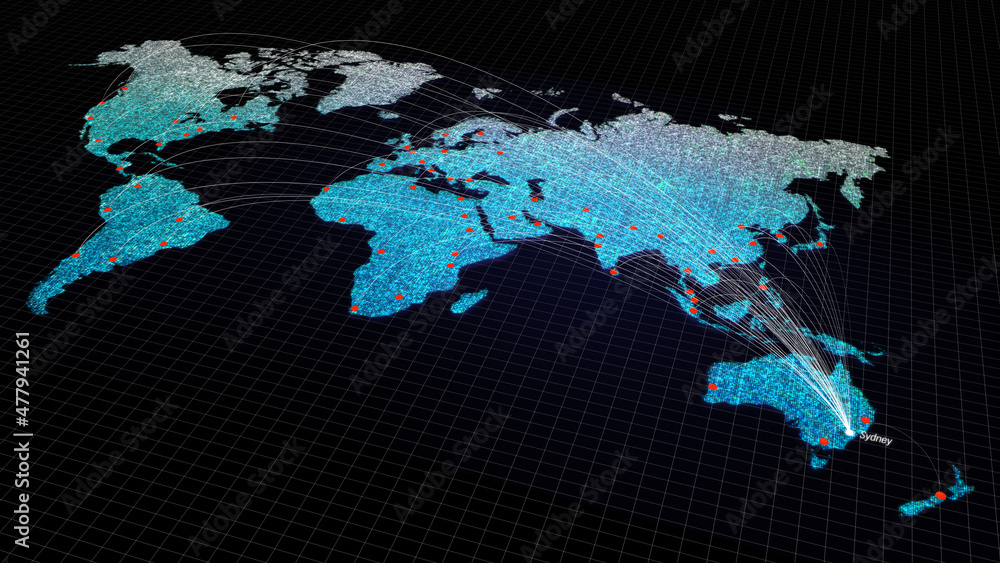Global connectivity from Sydney, Australia to other major cities around the world. Technology and network connection, trading and traveling concept. World map element of this clip furnished by NASA Global connectivity from Sydney, Australia to other major cities around the world. Technology and network connection, trading and traveling concept. World map element of this clip furnished by NASA