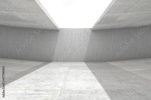 Abstract empty, concrete space with sun light and pool - industrial interior background , 3D illustration