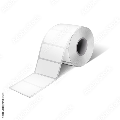 Rectangular label sticker roll vector mock-up. Blank adhesive labels on bobbin mockup