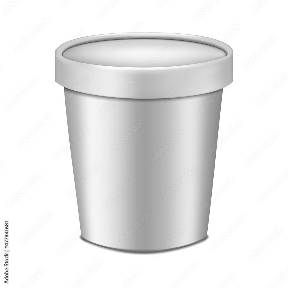 White blank round paper ice cream tub container with lid realistic vector mock-up. Frozen dessert cup with cap mockup. Food product packaging template for design White blank round paper ice cream tub container with lid realistic vector mock-up. Frozen dessert cup with cap mockup. Food product packaging template for design