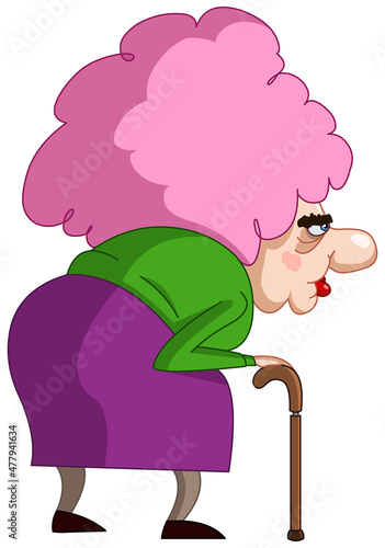 Old lady woman with a walking stick cane and a pink hair