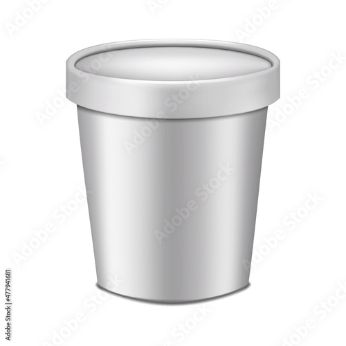 White blank round paper ice cream tub container with lid realistic vector mock-up. Frozen dessert cup with cap mockup. Food product packaging template for design