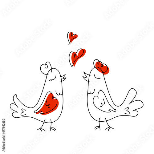 Two lovebirds for Valentine's day in doodle style. Vector illustration isolated on a white background for prints and postcards