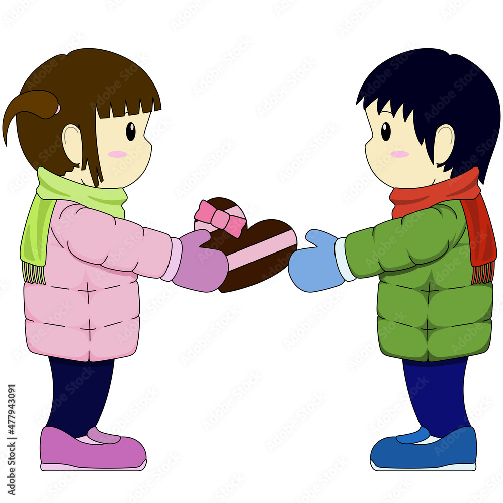 女の子が男の子にチョコレートを渡すイラスト アウトラインあり Stock Illustration Adobe Stock