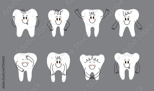 Cute, funny baby tooth set vector. Emoticon teeth with hands