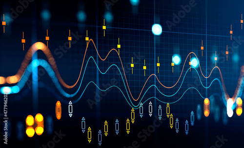 Graph stock market with rising candlesticks and colorful lines