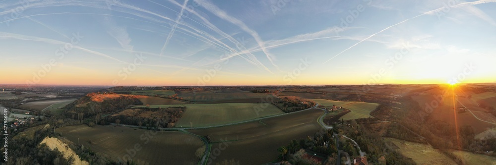 Aerial panorama from the village of Clermont le Fort, in Haute Garonne, Occitanie, France