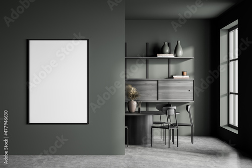 Dark guest room interior with chairs, table and shelf near window, mockup poster
