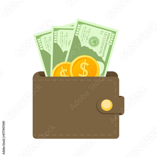 brown leather two fold wallet and moeny golden coin banknotes cartoon vector illustration isolated object
