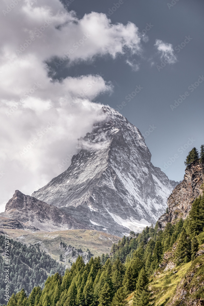 Matterhorn in the Swiss Alps. Iconic landmark, famous mountain near Zermatt, canton of Valais, Wallis in Switzerland.