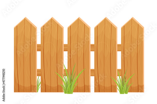 Wood cartoon fence with grass textured, detailed isolated on white background. Rustic construction from planks, rural old barrier. 