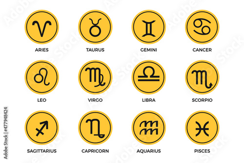 Astrological signs vector flat and simple style illustration set - Black icons isolated on yellow background. Eps10 vector illustration