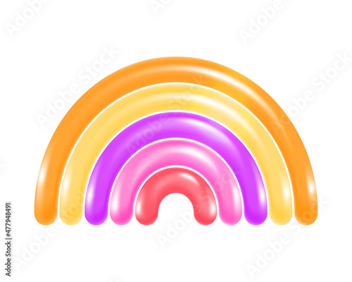 Volumetric multicolored rainbow from a long balloon tube. Colored arch with highlights isolated on white background. 3D rendering colorful object for kids or baby product