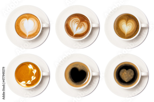 Assortment collection of coffee cup of art latte with froth heart-shaped isolated on white background.