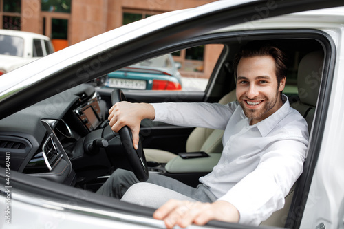 Test drive, buying and renting car, auto business and road to office