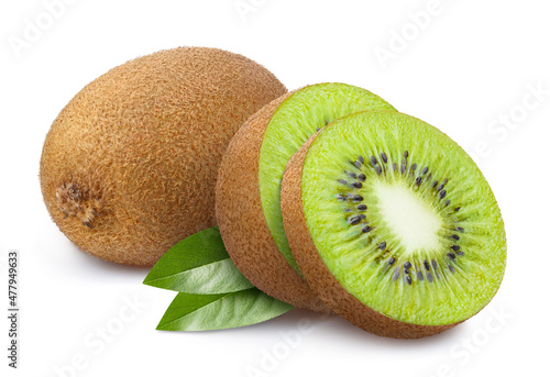 Delicious kiwi fruits with leaves, isolated on white background
