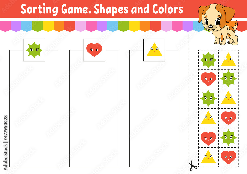 Sorting game. Shapes and colors. Cut and glue. Education developing  worksheet. Game for kids. Color activity page. Puzzle for children. Cute  character. Vector illustration. cartoon style. Stock Vector | Adobe Stock