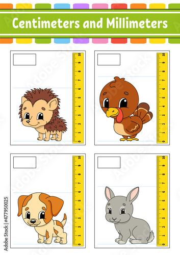Measuring length in centimeter and millimeter. Education developing worksheet. Game for kids. Color activity page. Puzzle for children. Cute character. Vector illustration. cartoon style.