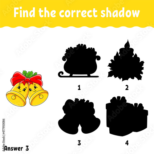 Find the correct shadow. Education developing worksheet. Christmas theme. Matching game for kids. Activity page. Puzzle for children. cartoon character. Isolated vector illustration.
