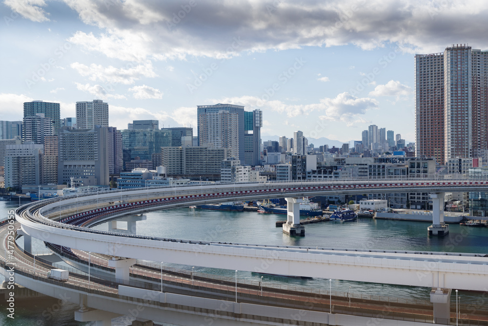 Naklejka premium レインボーブリッジの道路部分から見える風景 人も歩いて橋を渡ることができる