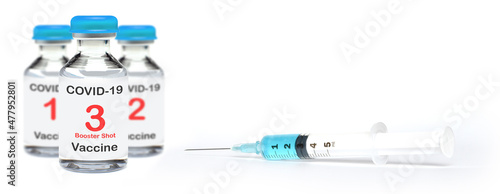 Syringe with Covid-19 Vaccine Booster Dose. Fight against virus covid-19 coronavirus, Vaccination and immunization. Panoramic image with copy space. photo