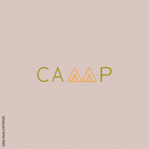 A flat, simple, and minimalist typography design of a word Camp