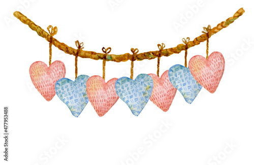 Watercolor garland diy of felt Hearts on ropes. Handmade home decor.  Isolated on white. Perfect for holiday card, poster, birthday, Valentine's Day
