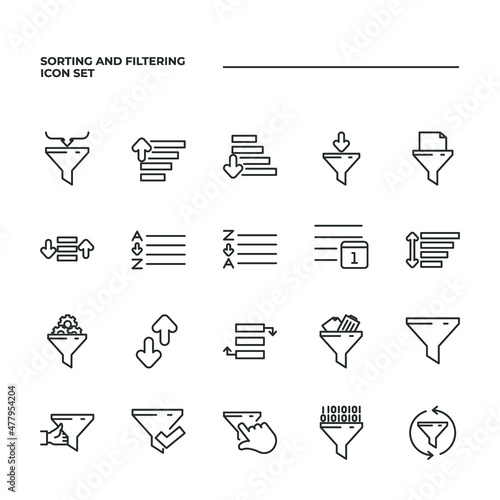 simple set of Sorting And Filtering vector icons with editable line styles covering arrange alphabetically, arrange by date, filter and other. isolated on white background. 