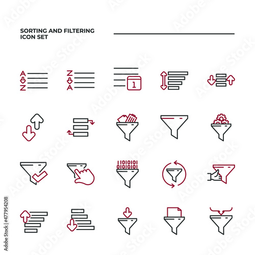 simple set of Sorting And Filtering vector icons with editable line styles covering arrange alphabetically, arrange by date, filter and other. isolated on white background. 