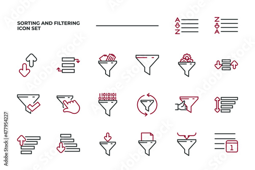 simple set of Sorting And Filtering vector icons with editable line styles covering arrange alphabetically, arrange by date, filter and other. isolated on white background. 