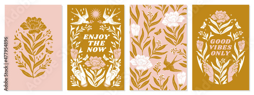 Boho mystical posters with inspirational quotes about energy, magic and good vibes in trendy bohemian celestial style.