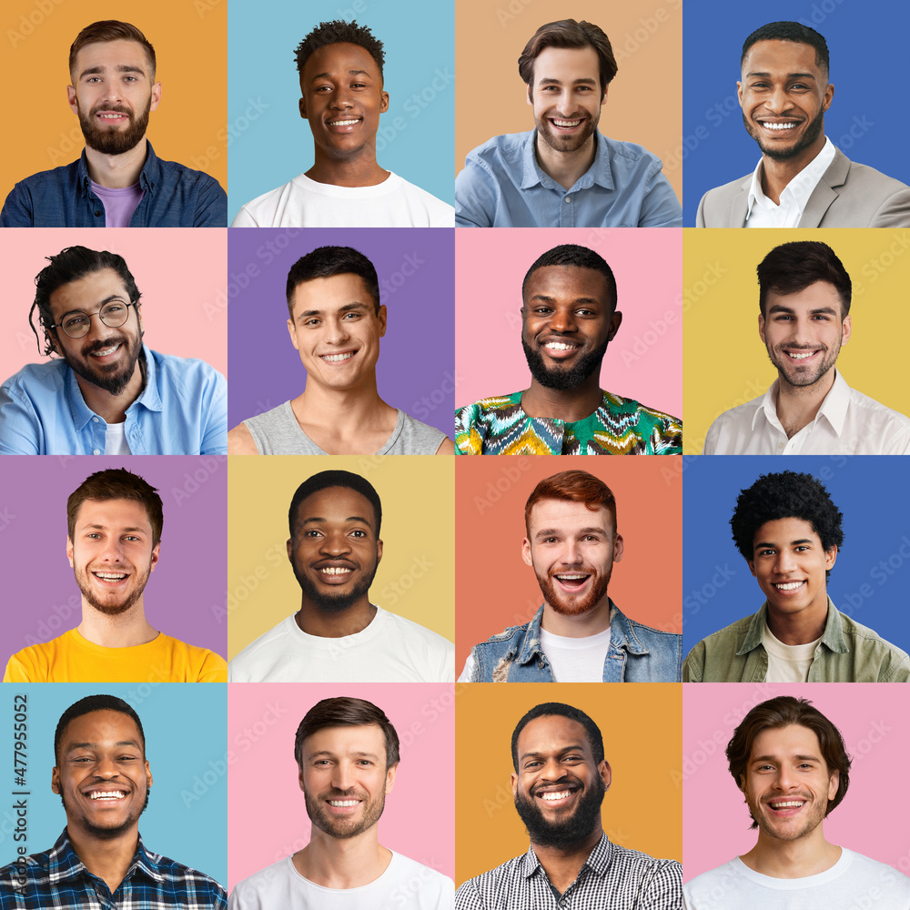 Fototapeta premium Happy male faces over colorful studio backgrounds, collection of photos