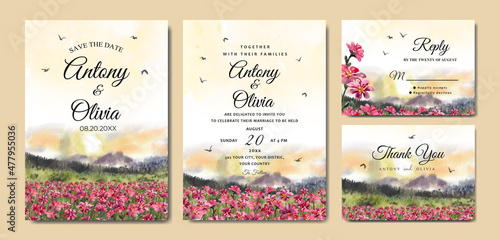 Watercolor wedding invitation of sunrise nature landscape with beautiful red flowers