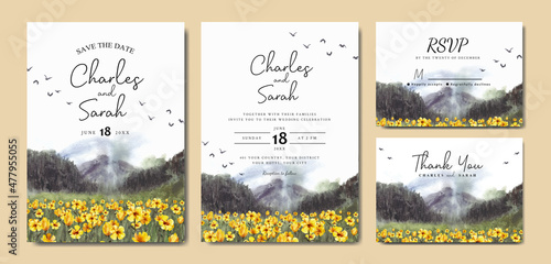 Watercolor wedding invitation of nature landscape with beautiful yellow flowers