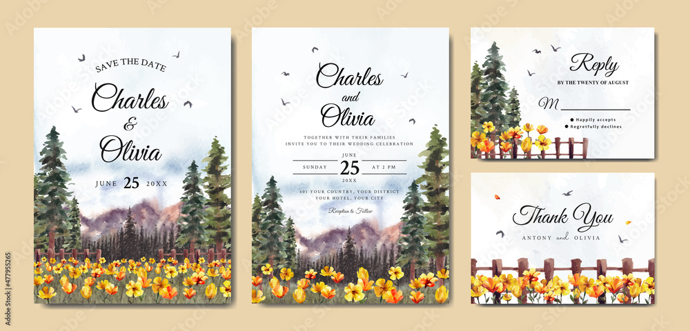 Watercolor wedding invitation of nature landscape with yellow flowers and pine trees 