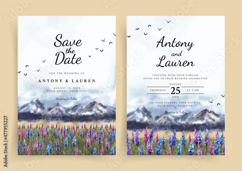 Watercolor wedding invitation with beautiful lavender flowers and mountains 