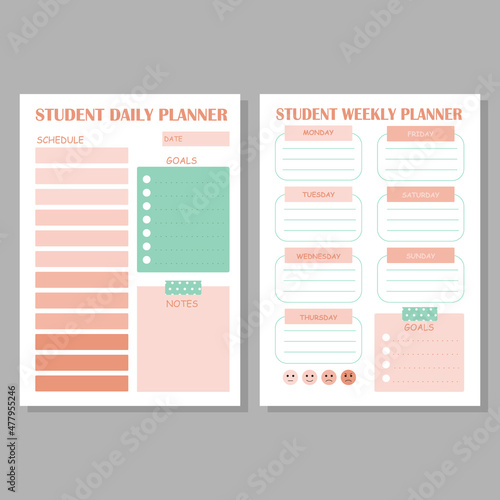 Set of minimalist student planners. Daily, weekly planner template. Design with pink and green elements.