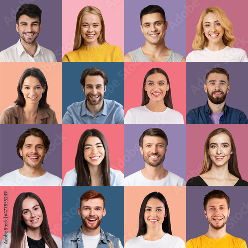 Attractive people smiling at camera, set of closeup portraits