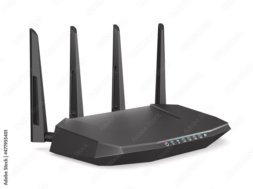 Wireless internet router on white background. Isolated 3D illustration - obrazy, fototapety, plakaty 