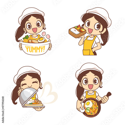 set of cartoon chef with food