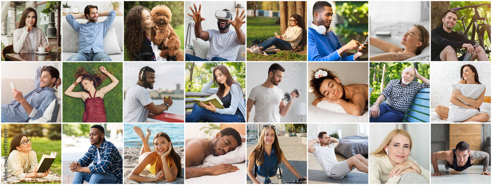 Obraz premium Set of multiracial people enjoying free time indoors and outdoors