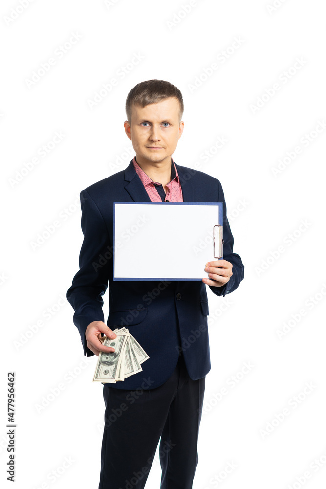 business man in a suit. young man holds money and a white sheet of paper. isolated